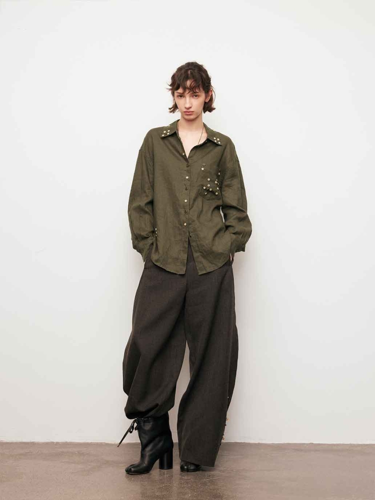 Green Linen Drop-Shoulder Button Shirt