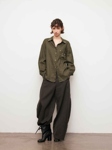 Green Linen Drop-Shoulder Button Shirt