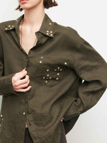 Green Linen Drop-Shoulder Button Shirt