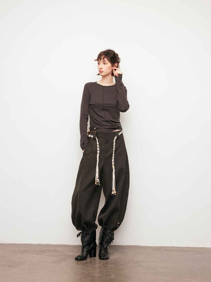 Brown Asymmetric Tie Beaded Long Sleeve Top