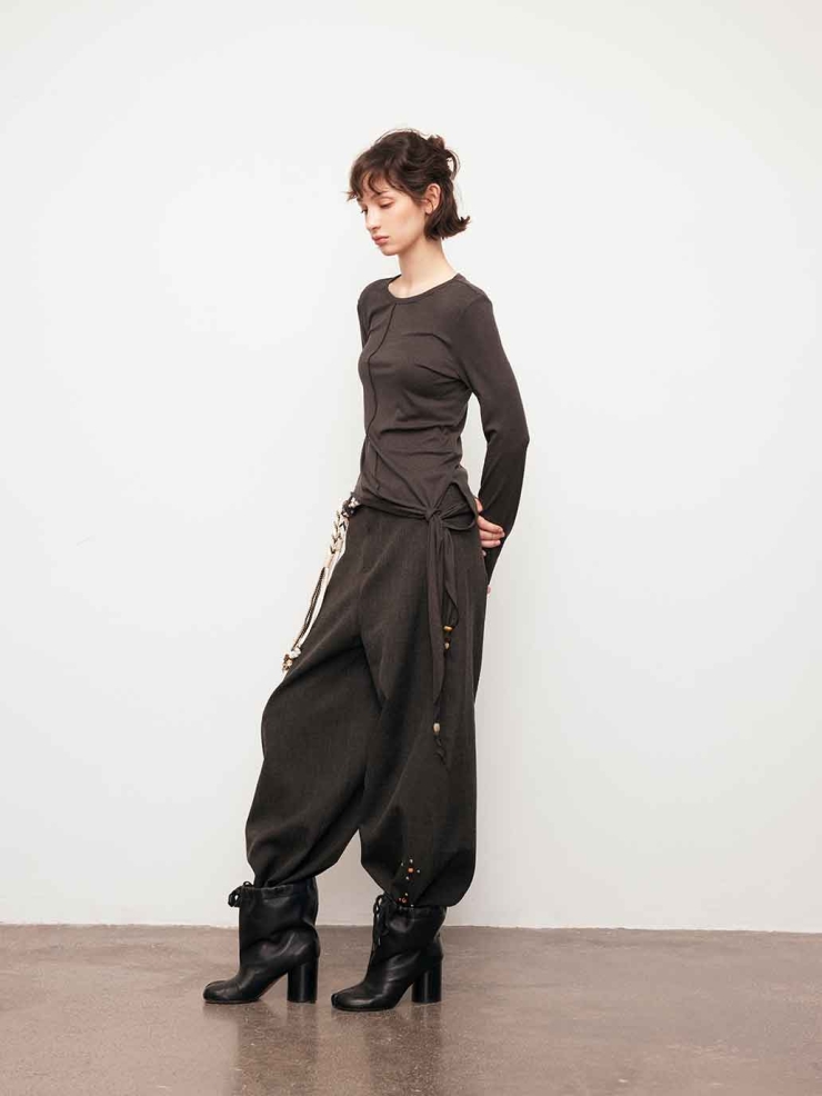 Brown Asymmetric Tie Beaded Long Sleeve Top