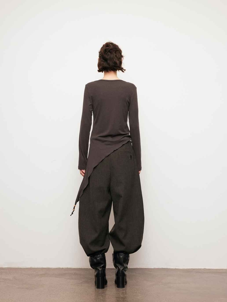 Brown Asymmetric Tie Beaded Long Sleeve Top