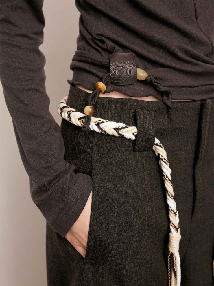 Brown Asymmetric Tie Beaded Long Sleeve Top