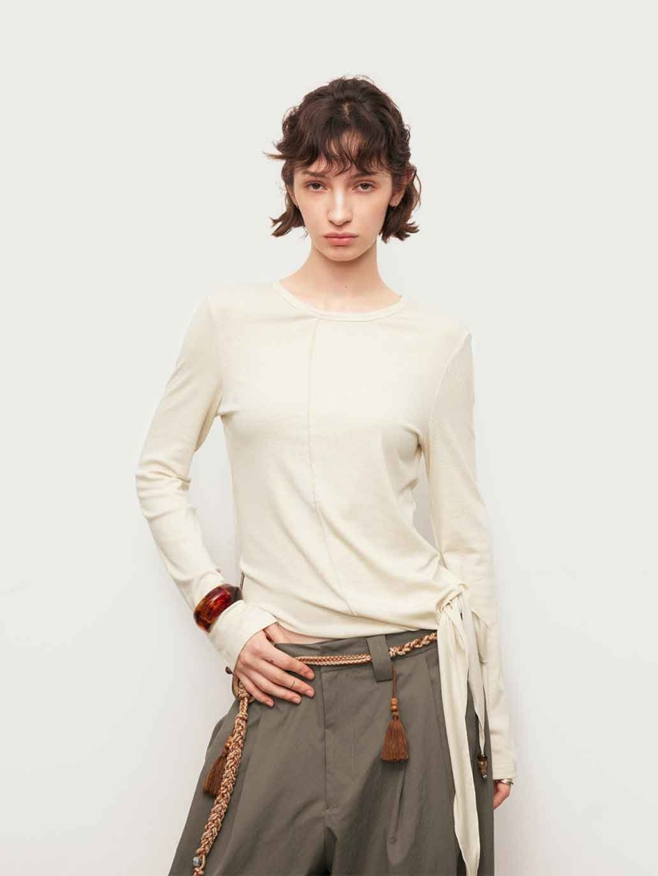 White Asymmetric Tie Beaded Long Sleeve Top