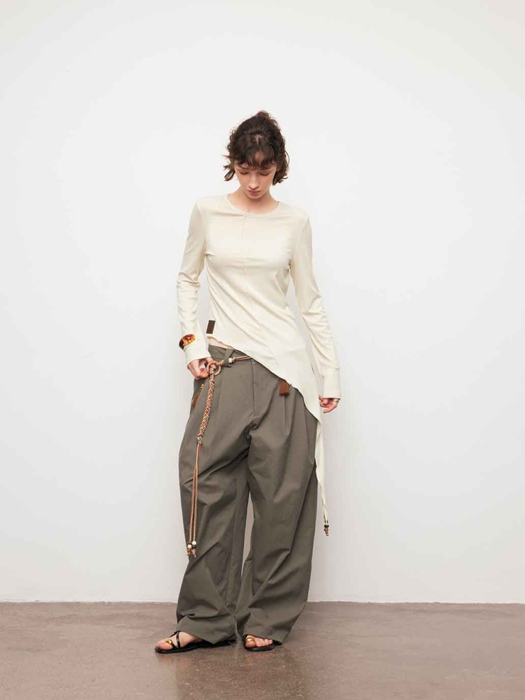 White Asymmetric Tie Beaded Long Sleeve Top