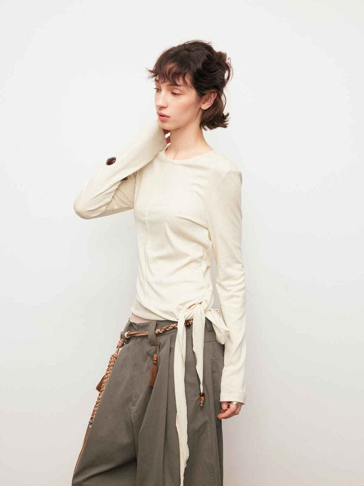 White Asymmetric Tie Beaded Long Sleeve Top