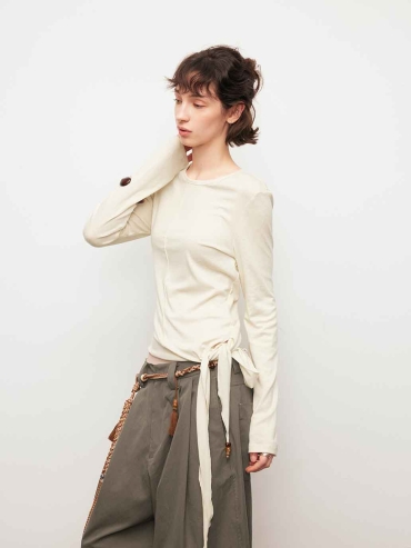 White Asymmetric Tie Beaded Long Sleeve Top