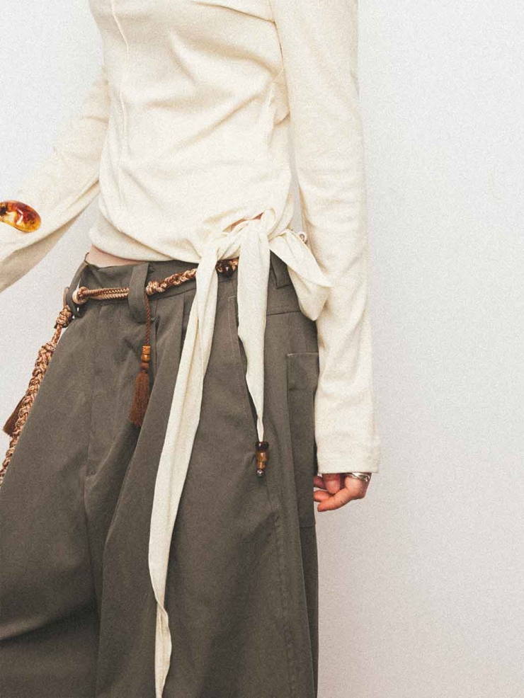 White Asymmetric Tie Beaded Long Sleeve Top