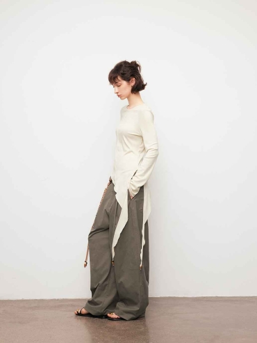 White Asymmetric Tie Beaded Long Sleeve Top