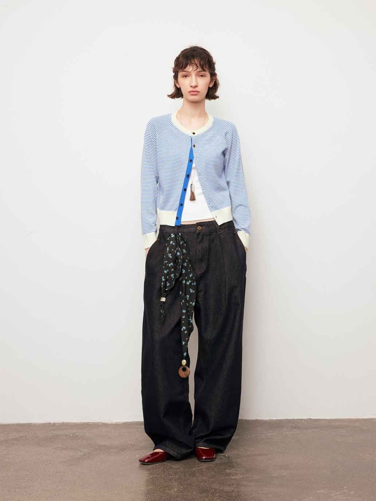 Blue Colorblock Crewneck Cardigan