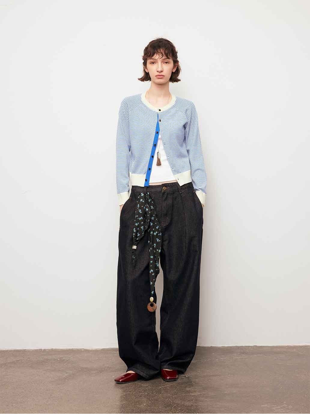 Blue Colorblock Crewneck Cardigan