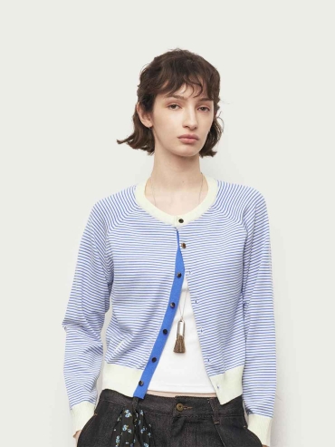 Blue Colorblock Crewneck Cardigan