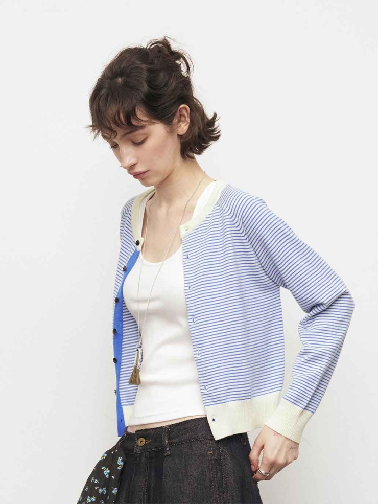 Blue Colorblock Crewneck Cardigan