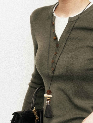 Green Contrast V-Neck Layered Knit Top