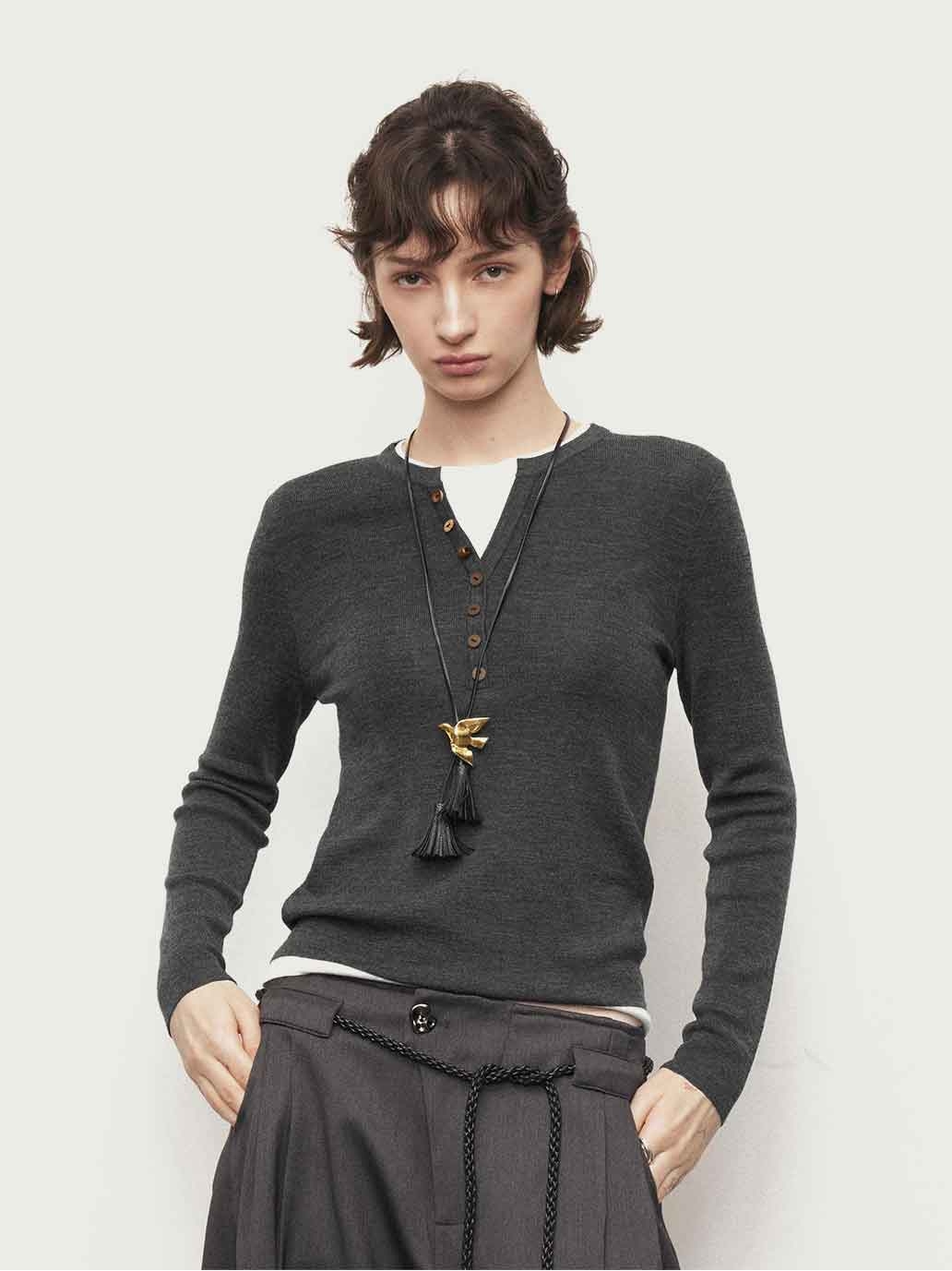 Grey Contrast V-Neck Layered Knit Top