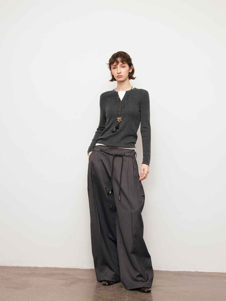 Grey Contrast V-Neck Layered Knit Top