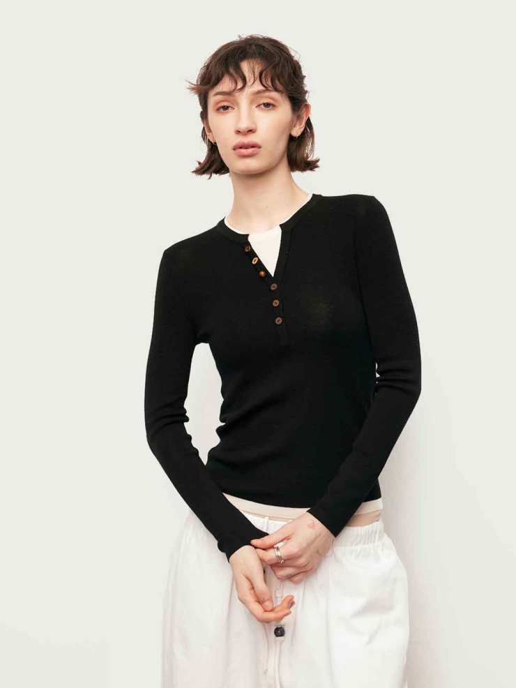 Black Contrast V-Neck Layered Knit Top