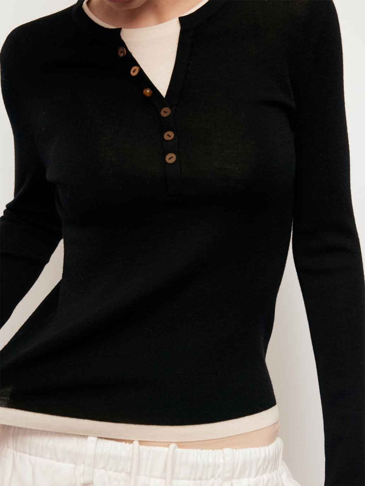 Black Contrast V-Neck Layered Knit Top