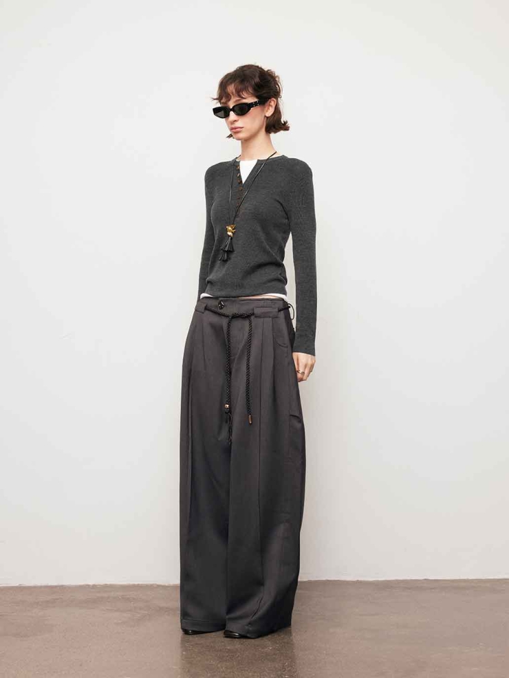 Grey Contrast V-Neck Layered Knit Top