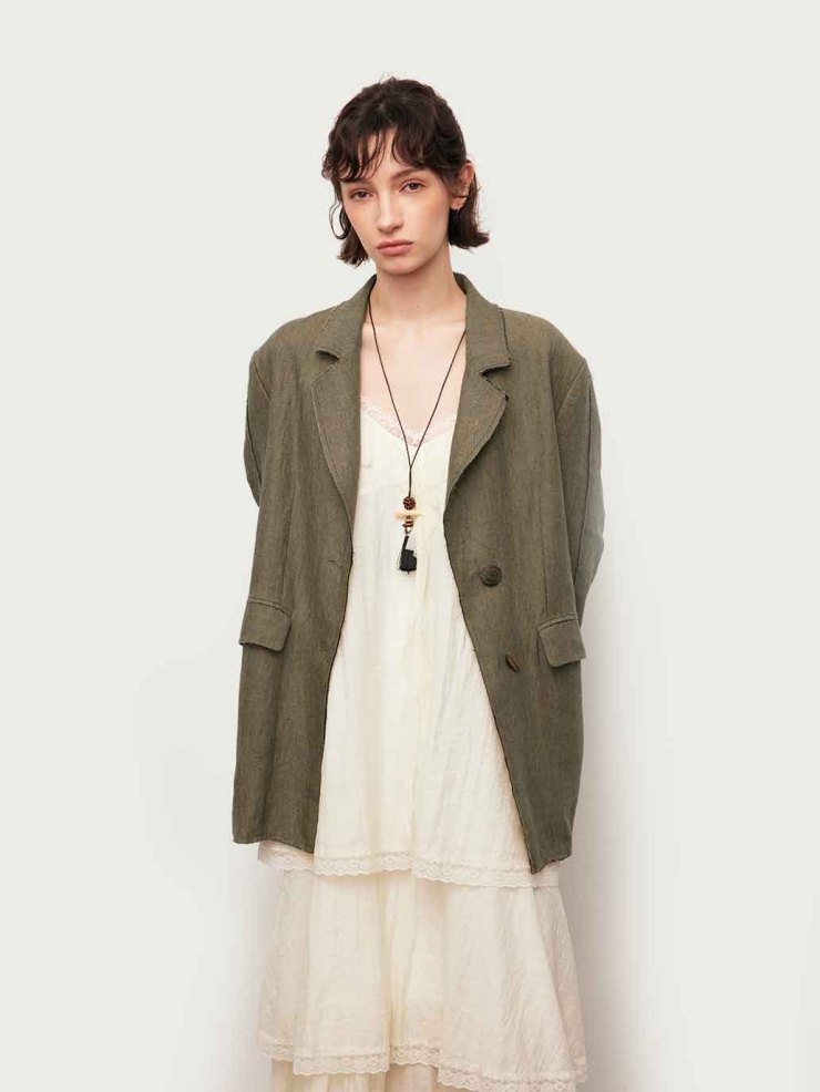 Green Linen Wide-Shoulder Horn-Button Blazer