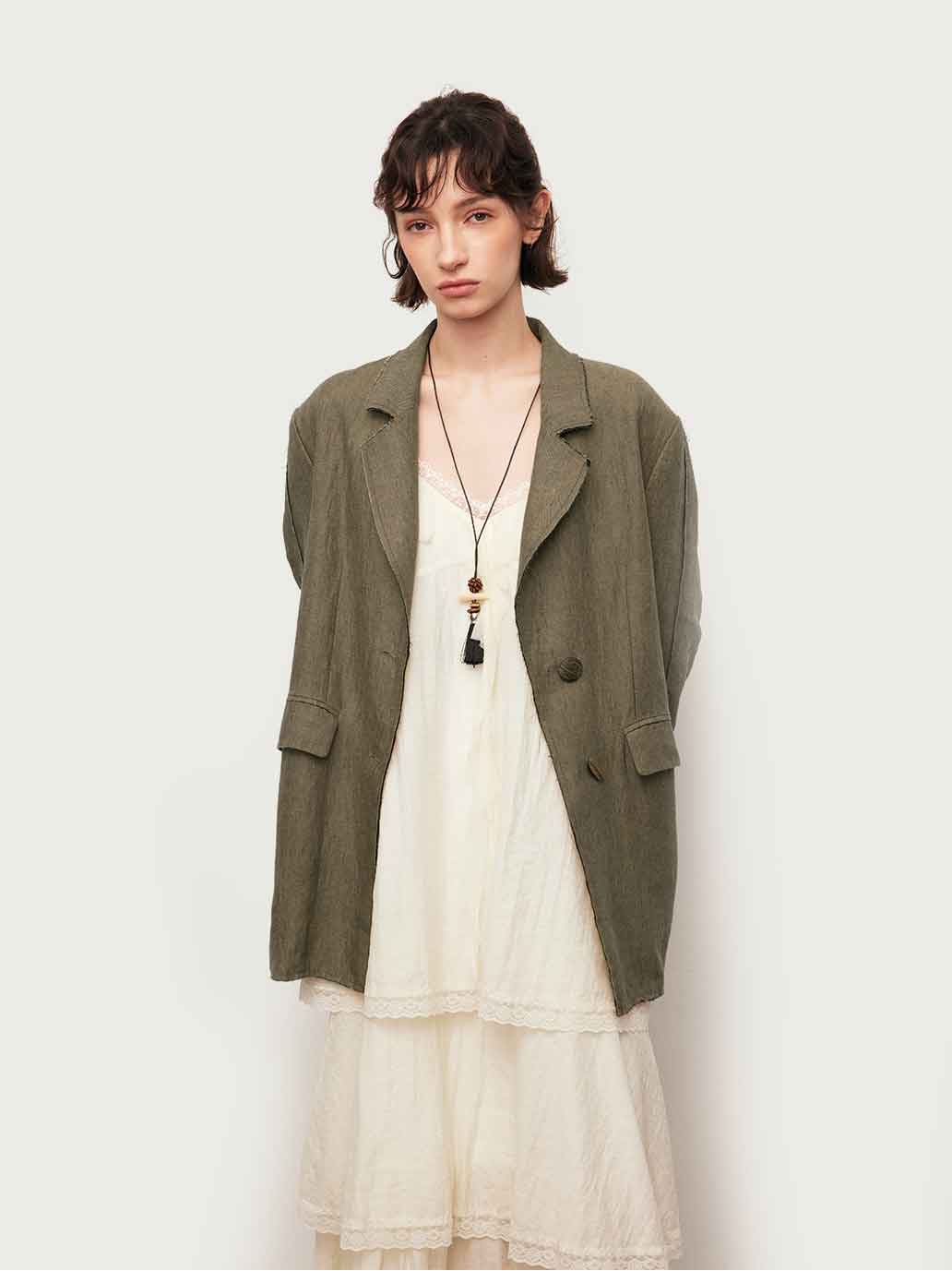 Green Linen Wide-Shoulder Horn-Button Blazer