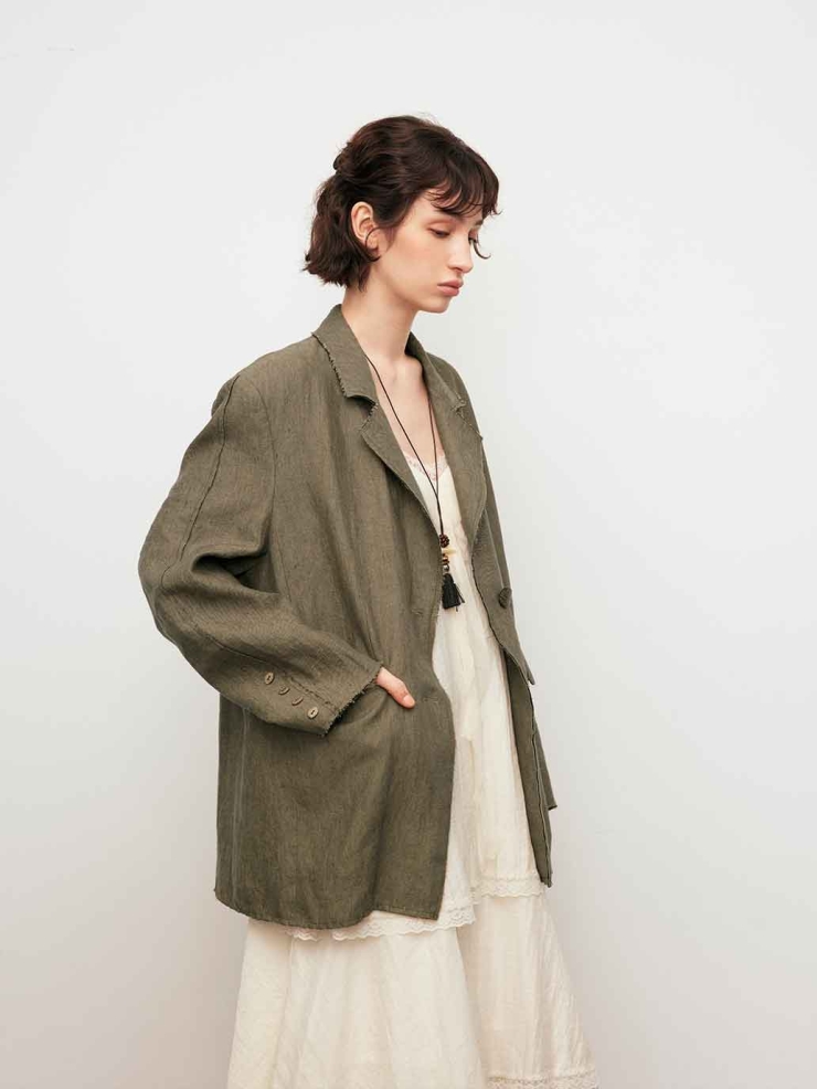 Green Linen Wide-Shoulder Horn-Button Blazer