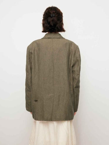 Green Linen Wide-Shoulder Horn-Button Blazer