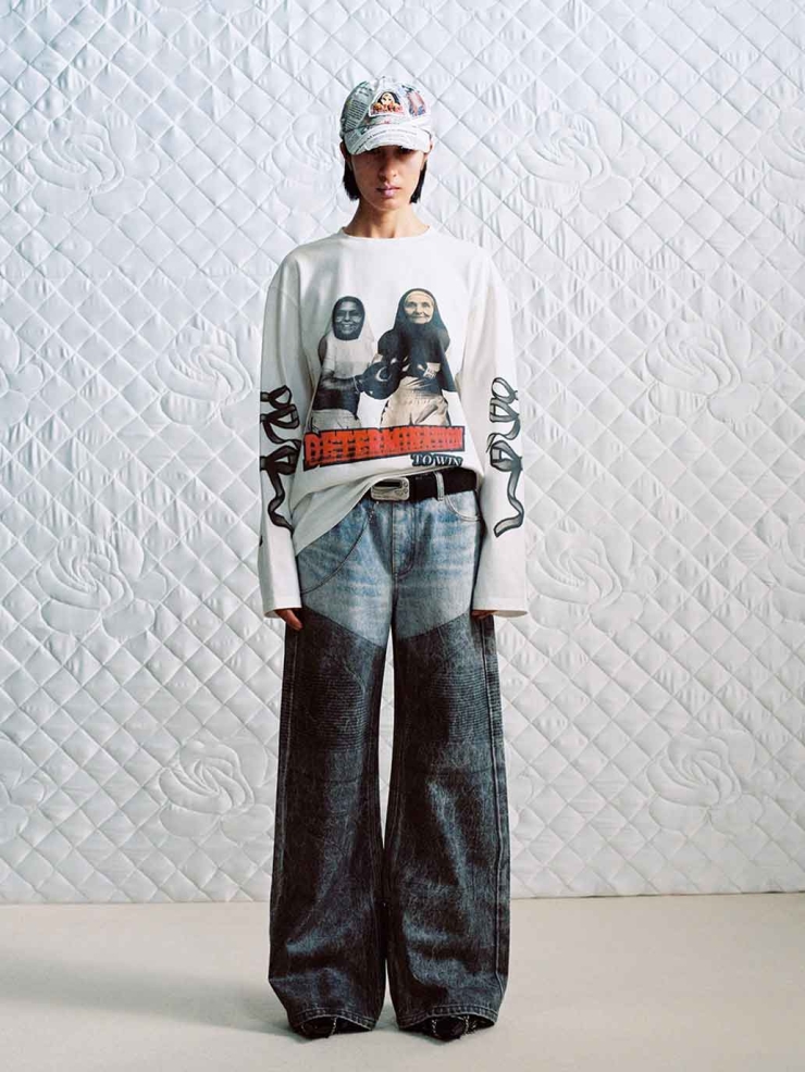 Denim Pattern Paneled Coating Loose Jeans