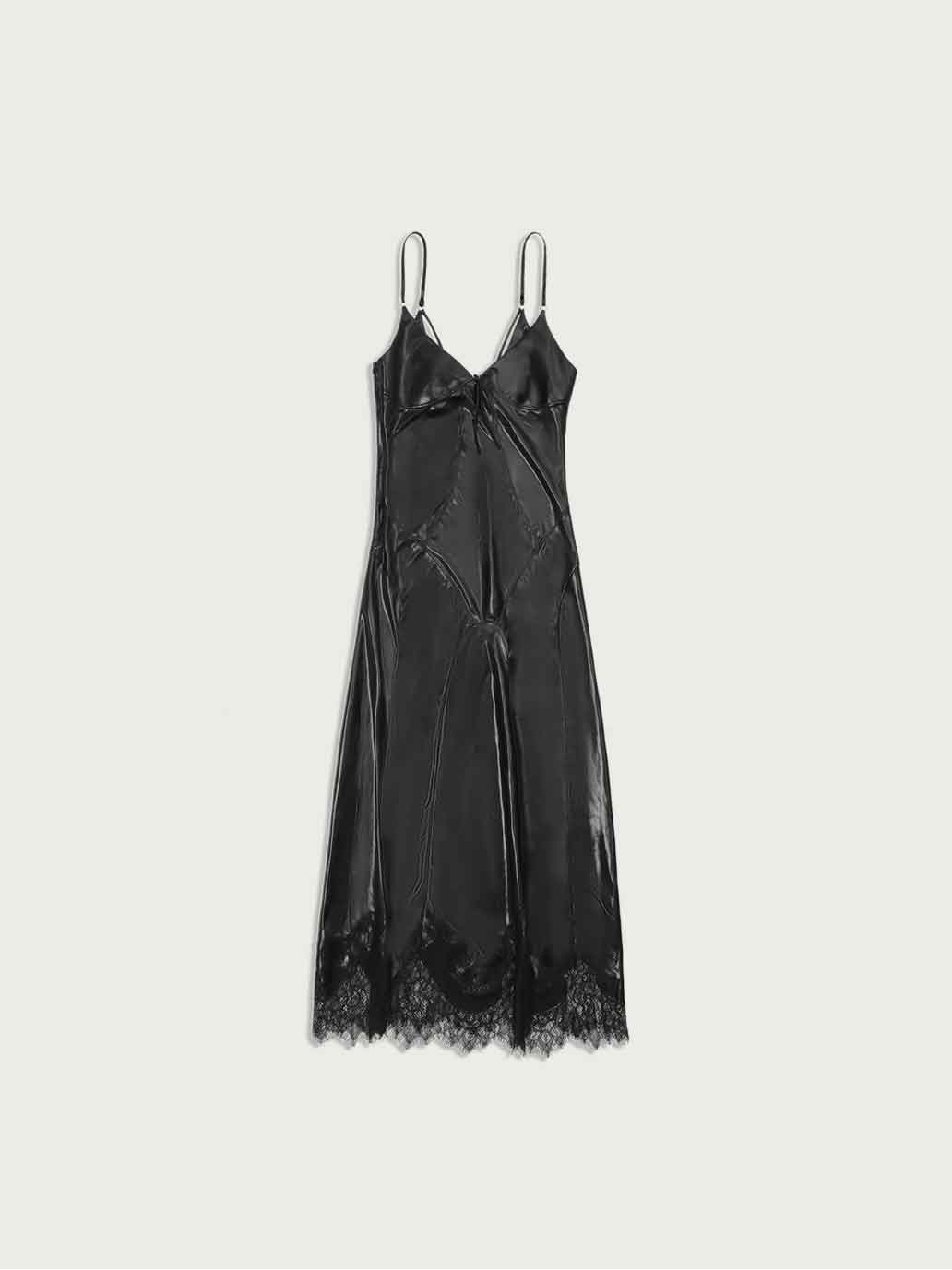 Black Satin Paneled Lace Decorative Dress