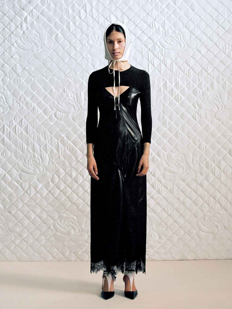 Black Satin Paneled Lace Decorative Dress