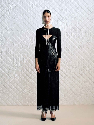 Black Satin Paneled Lace Decorative Dress