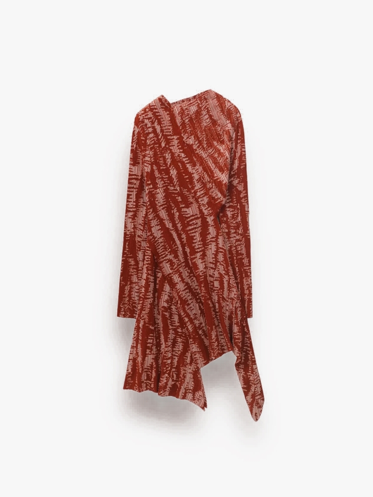 CHAMBRE DE FAN Devore Printing Asymmetric Dress Red