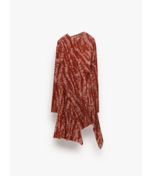CHAMBRE DE FAN Devore Printing Asymmetric Dress Red