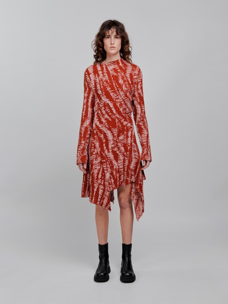 CHAMBRE DE FAN Devore Printing Asymmetric Dress Red