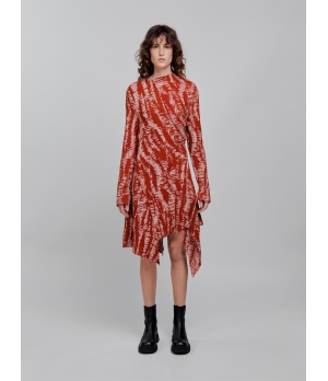 CHAMBRE DE FAN Devore Printing Asymmetric Dress Red