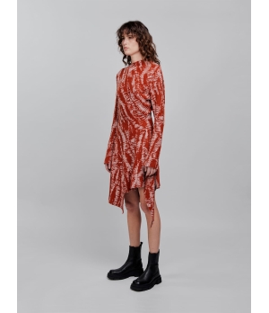 CHAMBRE DE FAN Devore Printing Asymmetric Dress Red