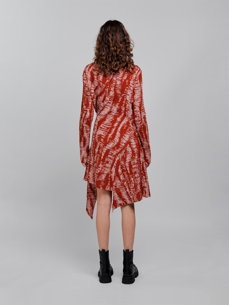 CHAMBRE DE FAN Devore Printing Asymmetric Dress Red