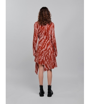 CHAMBRE DE FAN Devore Printing Asymmetric Dress Red