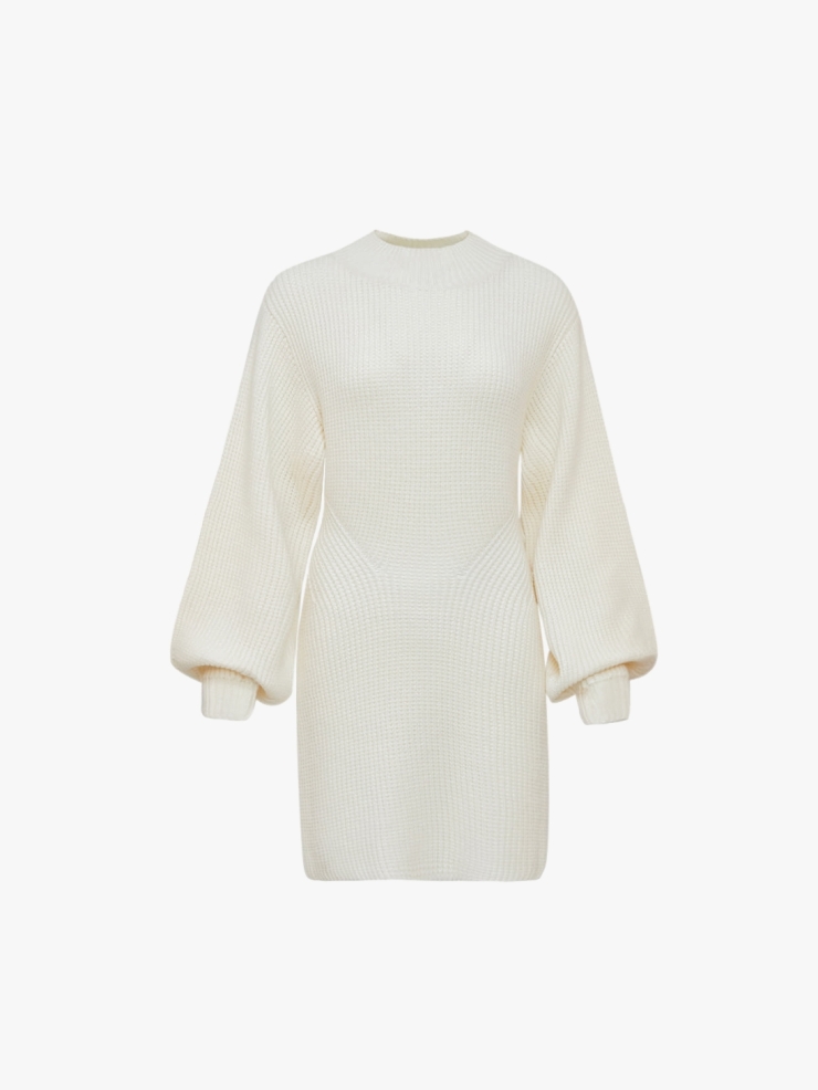 CHAMBRE DE FAN Ribbed Puff Sleeves Side Open Dress Ivory
