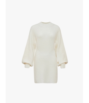 CHAMBRE DE FAN Ribbed Puff Sleeves Side Open Dress Ivory