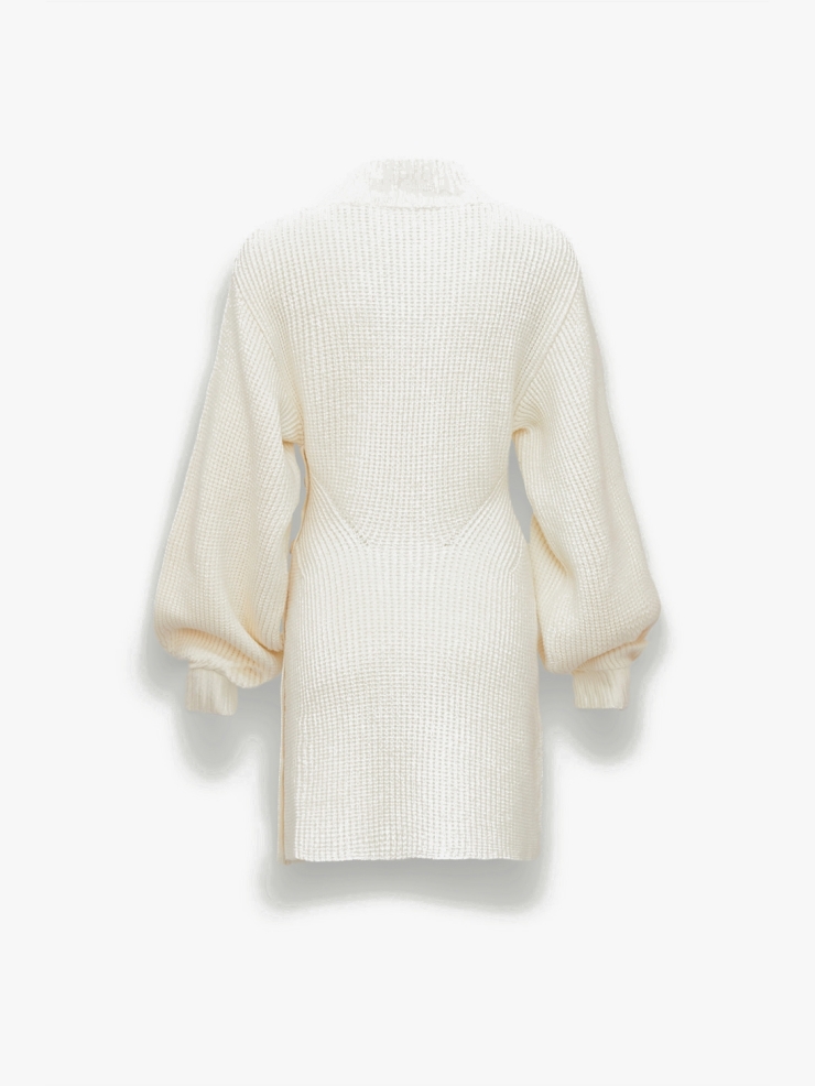 CHAMBRE DE FAN Ribbed Puff Sleeves Side Open Dress Ivory