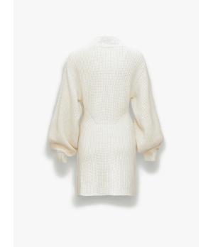 CHAMBRE DE FAN Ribbed Puff Sleeves Side Open Dress Ivory
