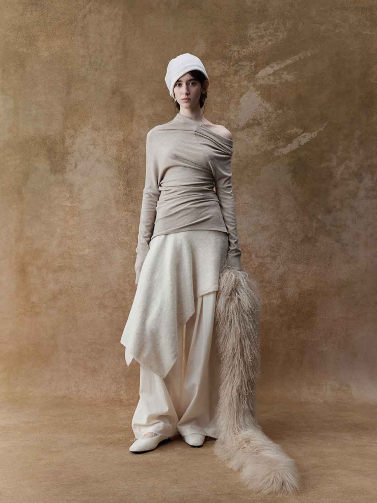 Beige Asymmetrical Knit Base Layer Top