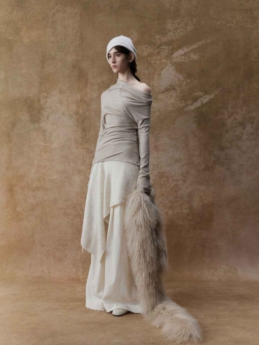 Beige Asymmetrical Knit Base Layer Top