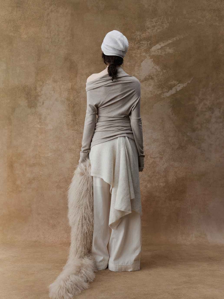 Beige Asymmetrical Knit Base Layer Top