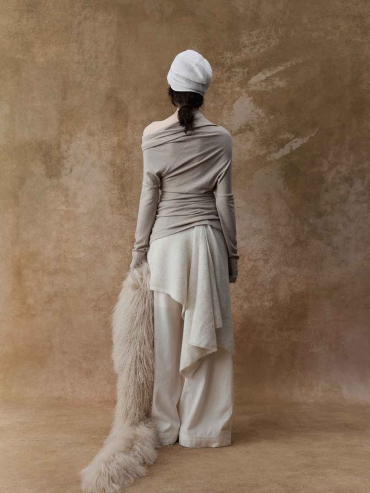 Beige Asymmetrical Knit Base Layer Top