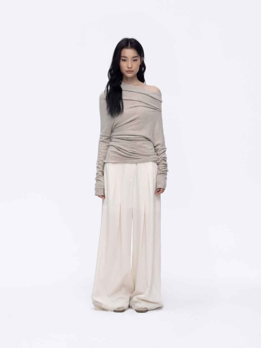 Beige Asymmetrical Knit Base Layer Top