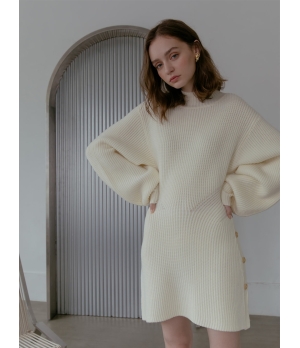 CHAMBRE DE FAN Ribbed Puff Sleeves Side Open Dress Ivory