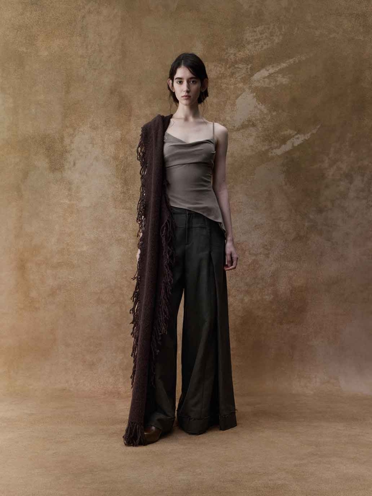 Grey Structured Pleated Wide-Leg Pants