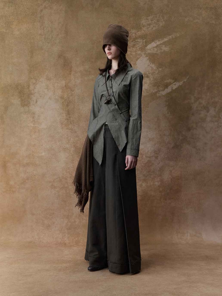 Grey Structured Pleated Wide-Leg Pants